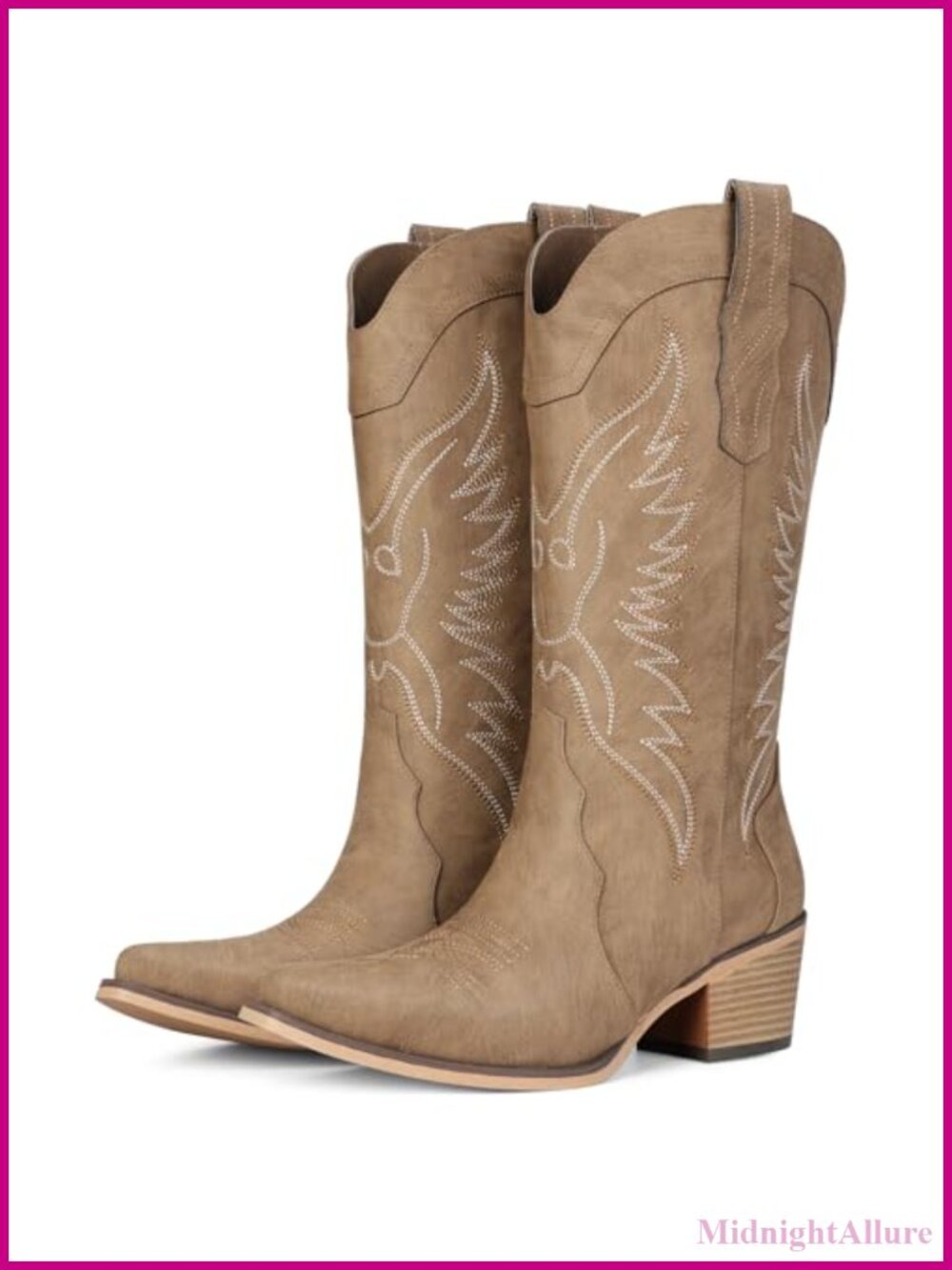 Western Cowboy Boots Faux Leather Snip Toe Mid Calf Chunky Heel